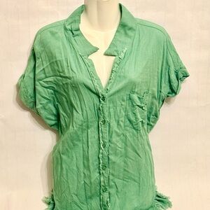 Umgee Mint Green Frayed-Trim Button Down Top